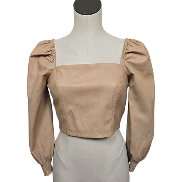 7 For All Mankind Vegan Leather Corset‎ Crop Top Size Med Puff Long Sleeves Tan - Picture 1 of 10